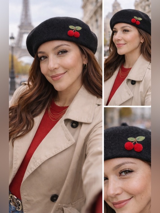 Accessories - Black Wool Beret with Red Cherry Accent NIB